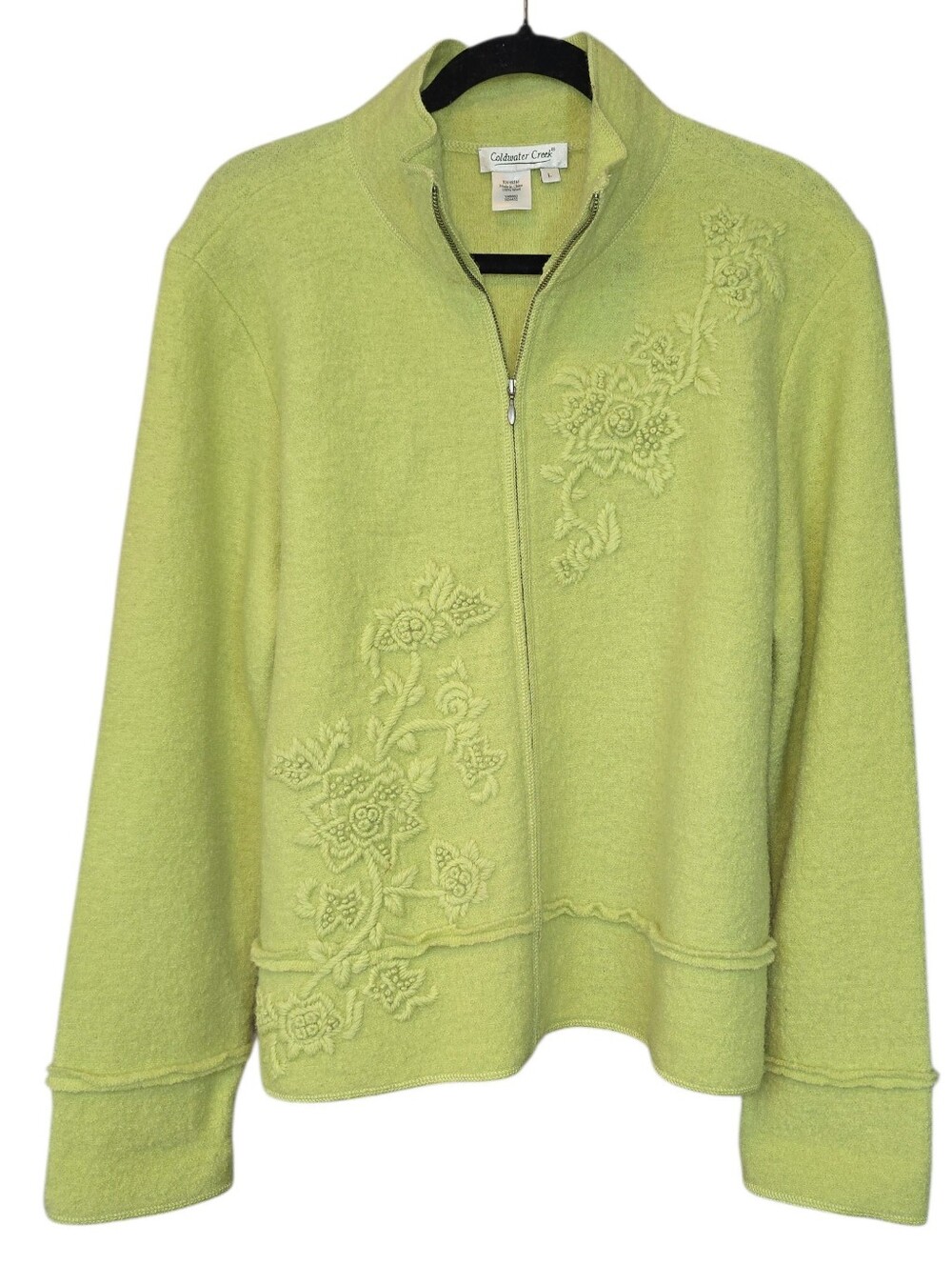 Coldwater Creek 100% Wool Embroidered Full-Zip Sweater Jacket Green Size Large